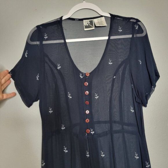 Vintage Retro Women's S Navy Blue Embroidered Sheer Sundress Maxi Dress Button F - Picture 2 of 6